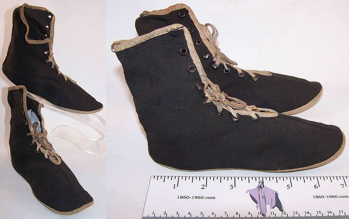 Child Edwardian Black Canvas Bathing Boots Shoes Front view.