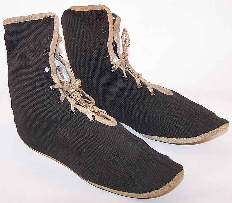 Child Edwardian Black Canvas Bathing Boots Shoes Side View.
