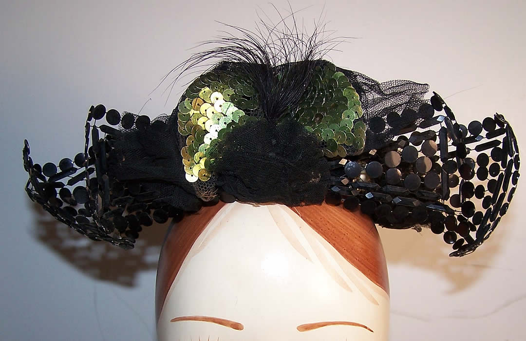 Edwardian Polka Dot Metal Wire Sequin London Crown Hat Front view.