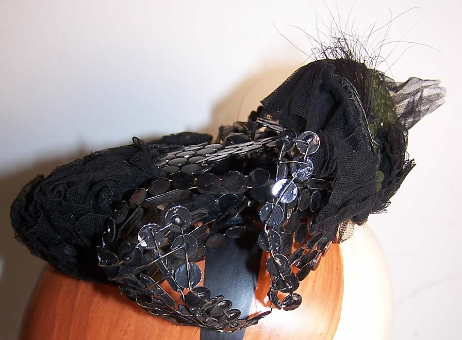 Edwardian Polka Dot Metal Wire Sequin London Crown Hat side view.
