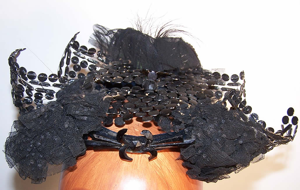Edwardian Polka Dot Metal Wire Sequin London Crown Hat Close up.