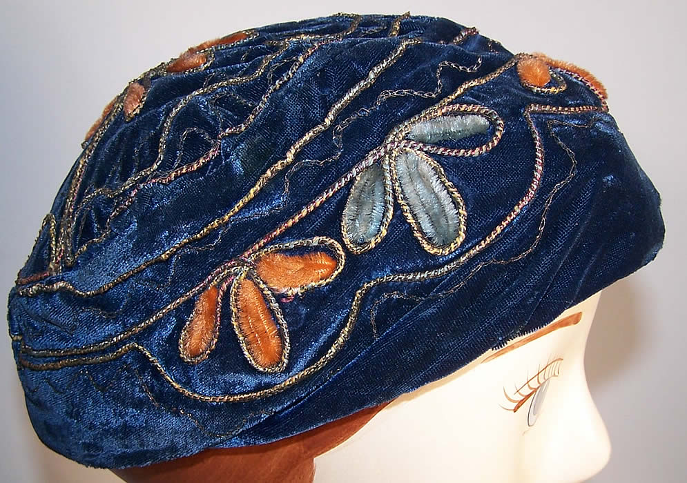 Blue Velvet Gold Chenille Embroidery Skullcap Cloche Hat Front view.