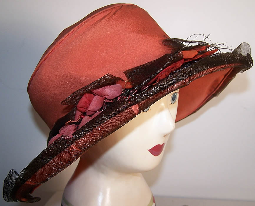 Edwardian Coral Silk Brown Net Wide Brim Hat Front view.