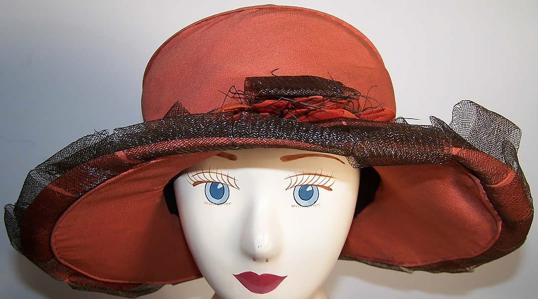 Edwardian Coral Silk Brown Net Wide Brim Hat