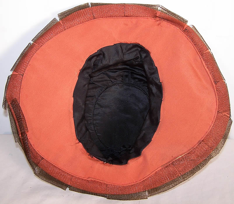 Edwardian Coral Silk Brown Net Wide Brim Hat Close up.