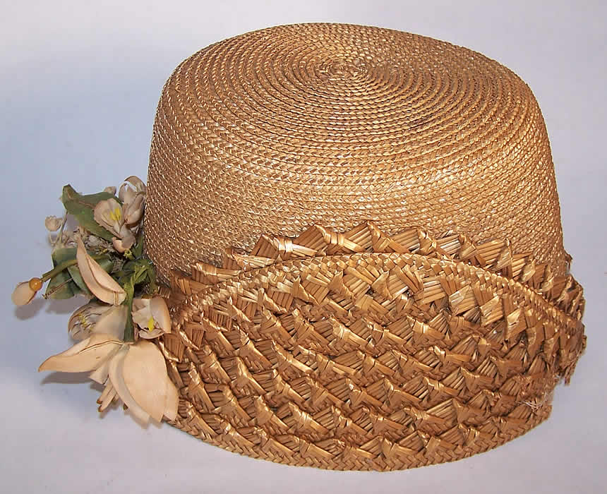 Victorian Natural Straw Orange Blossom Bridal Bonnet Hat side view.