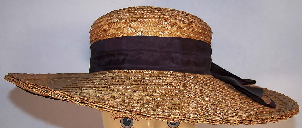 Natural Straw Black Net Wide Brim Bow Sailor Hat  Front view.