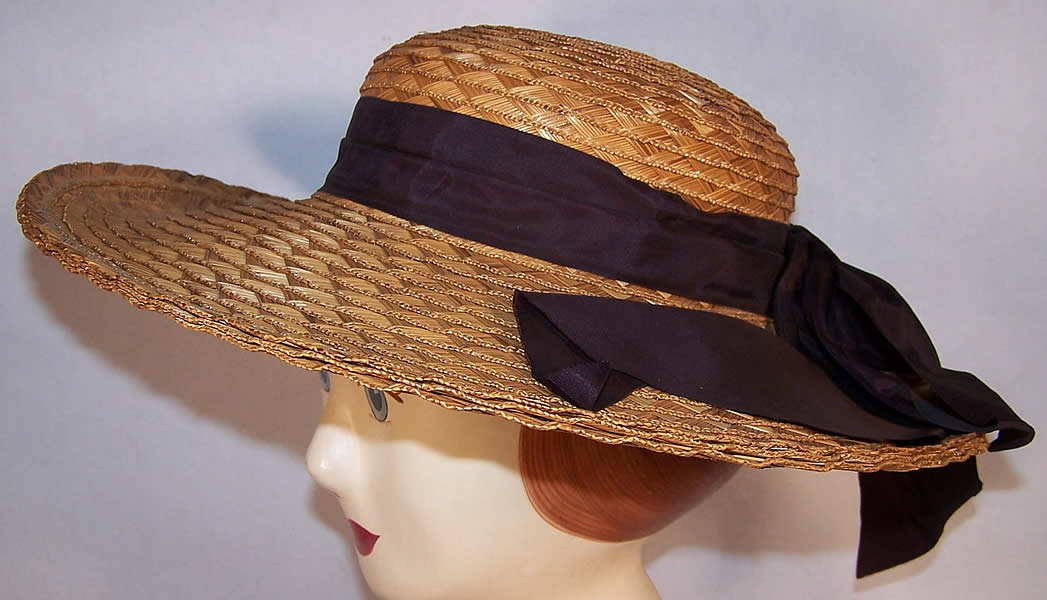 Natural Straw Black Net Wide Brim Bow Sailor Hat Side View.