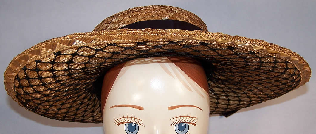 Natural Straw Black Net Wide Brim Bow Sailor Hat front view.