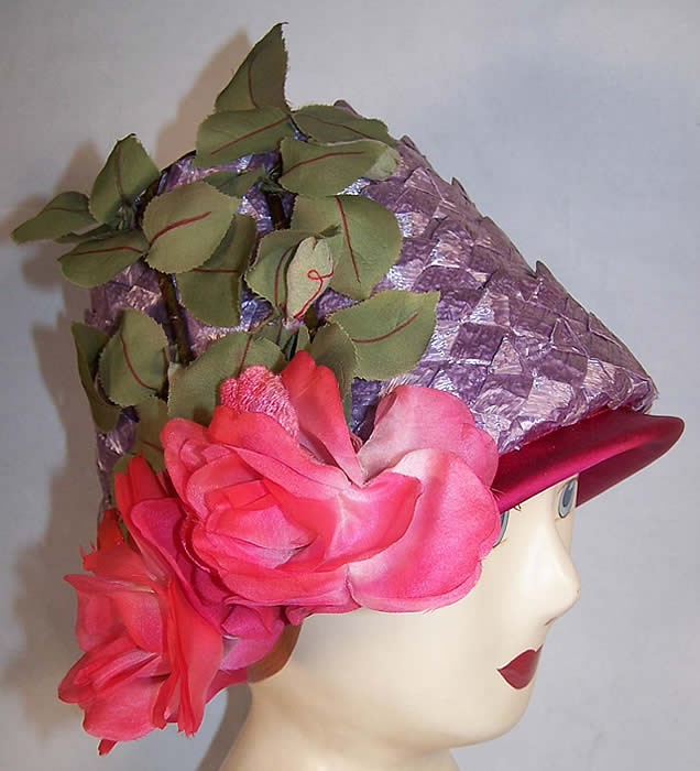 Vintage Michael Terre Purple Straw Flower Pot Cone Hat Front view.