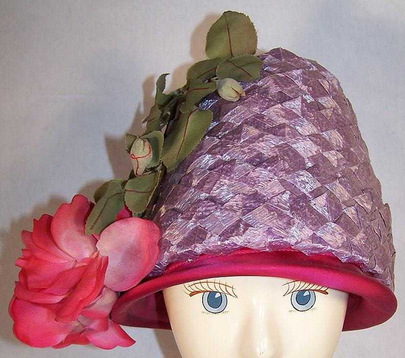 Vintage Michael Terre Purple Straw Flower Pot Cone Hat Back View.
