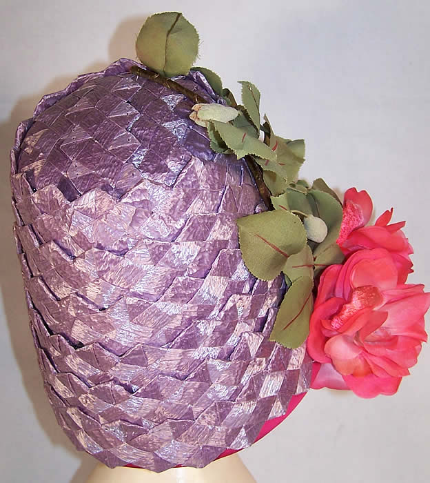 Vintage Michael Terre Purple Straw Flower Pot Cone Hat  side view.