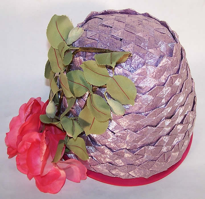  Vintage Michael Terre Purple Straw Flower Pot Cone Hat  Close up.
