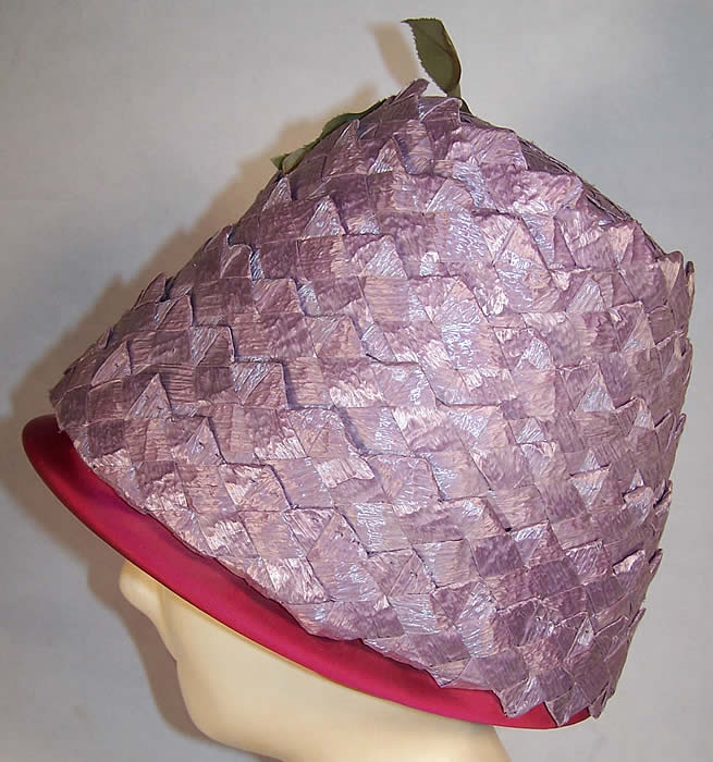  Vintage Michael Terre Purple Straw Flower Pot Cone Hat Close up.