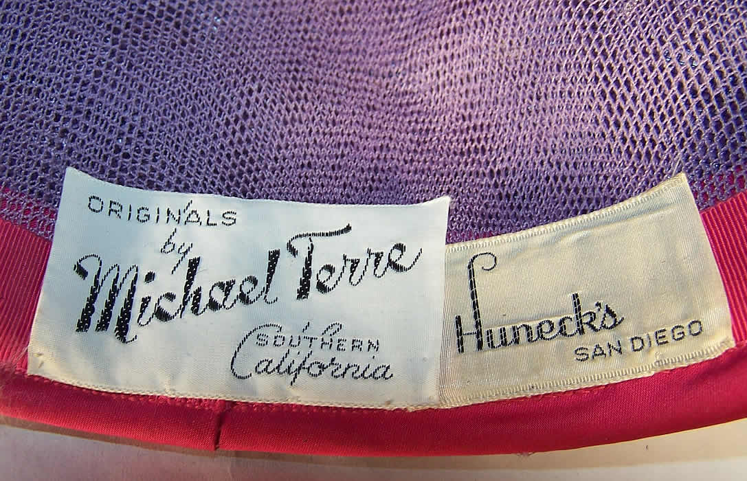  Vintage Michael Terre Purple Straw Flower Pot Cone Hat Close up.