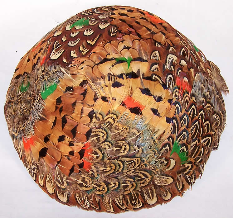 Vintage Ladies Pheasant Feather Mushroom Beret Hat  Close up.