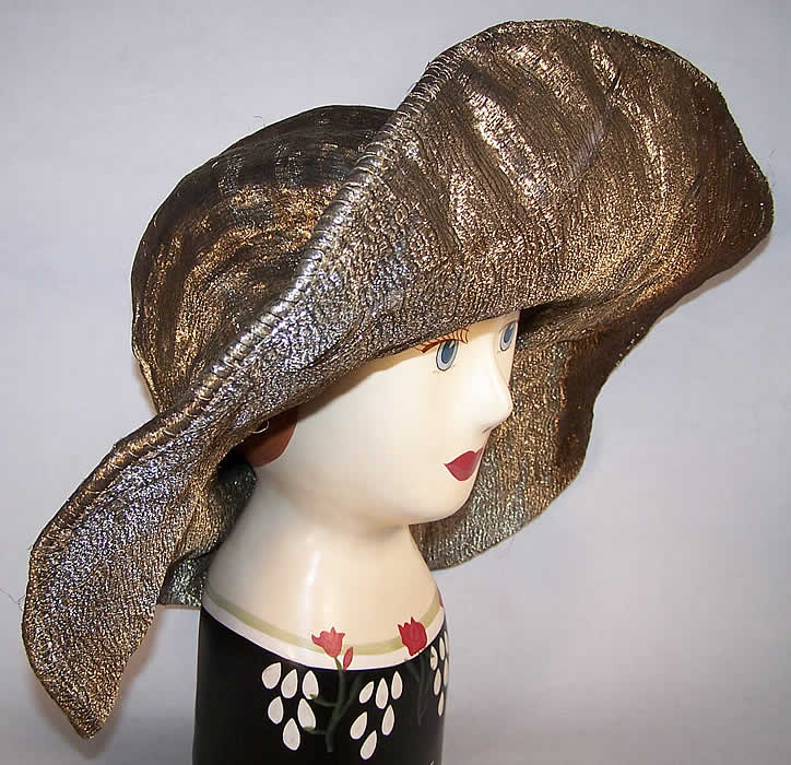 Art Deco Silver Metallic Lamé Wired Wide Brim Hat Front view.