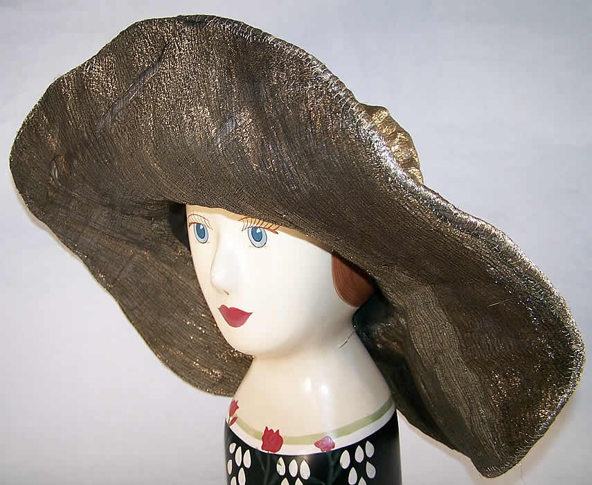 Art Deco Silver Metallic Lam&eacute; Wired Wide Brim Hat  side view.