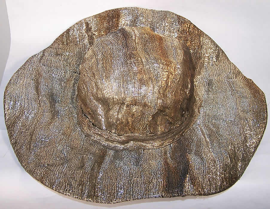 Art Deco Silver Metallic Lam&eacute; Wired Wide Brim Hat  Close up.