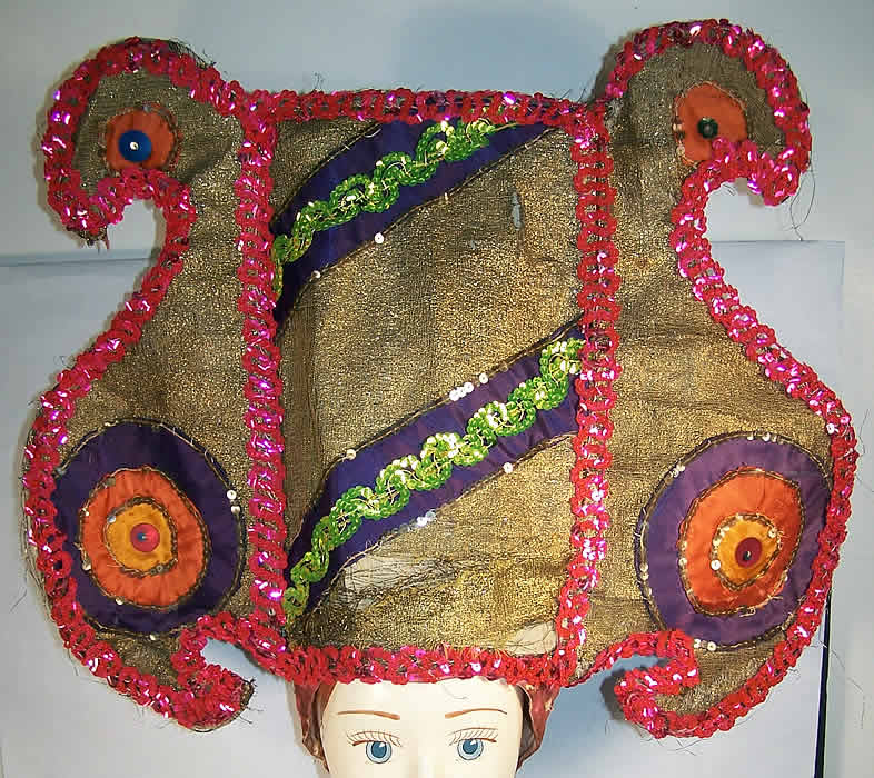Art Deco Gold Lamé Sequin Showgirl Burlesque Headdress Front view.
