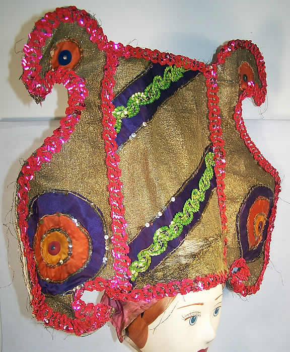 Art Deco Gold Lamé Sequin Showgirl Burlesque Headdress Side View.
