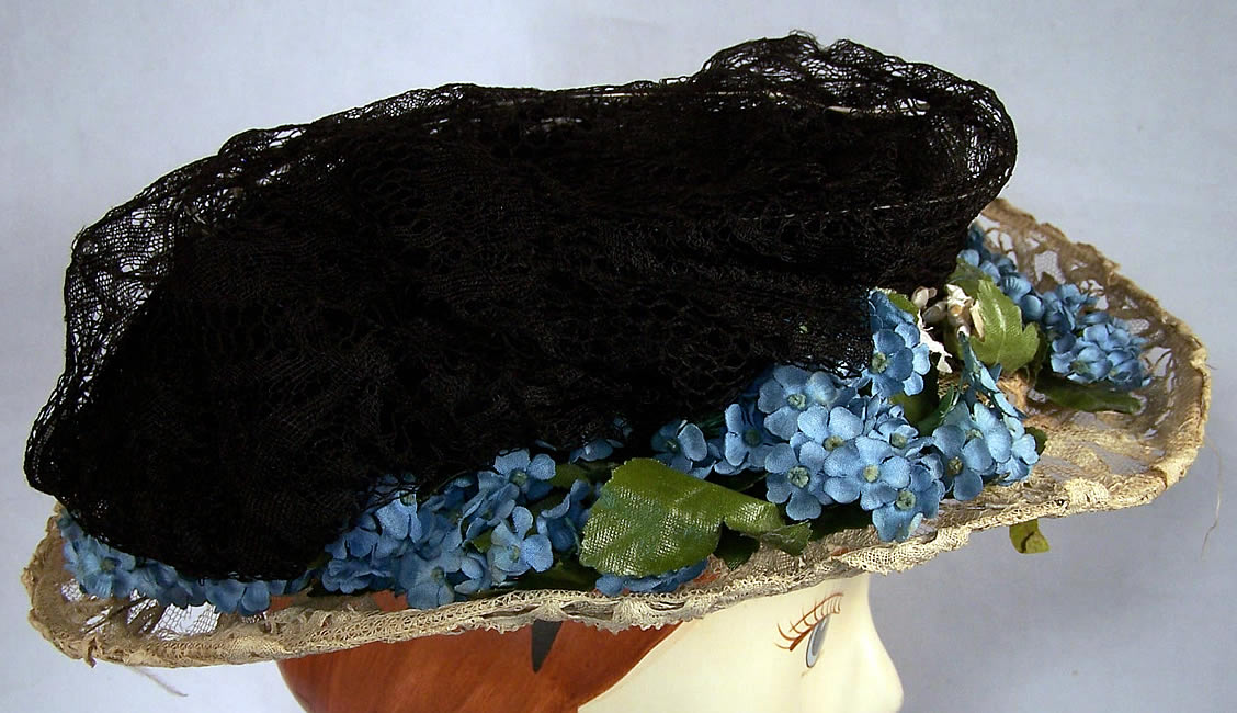 Victorian Forget Me Not Flower Black White Lace Brim Hat Side view.