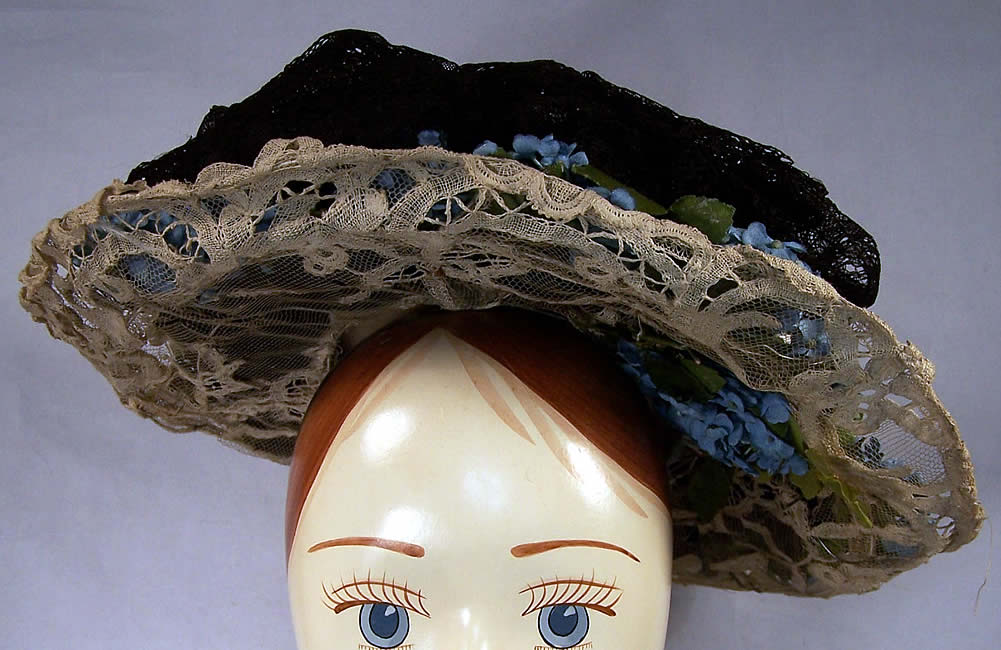 Victorian Forget Me Not Flower Black White Lace Brim Hat Front View.