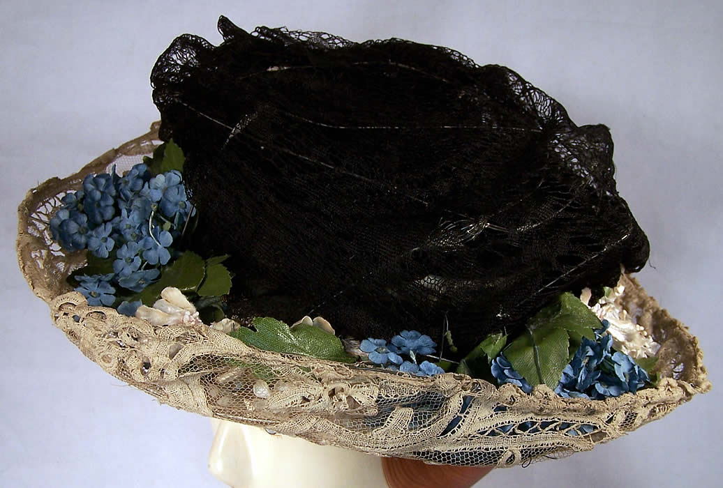  Victorian Forget Me Not Flower Black White Lace Brim Hat side view.
