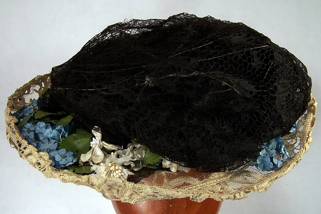 Victorian Forget Me Not Flower Black White Lace Brim Hat back view