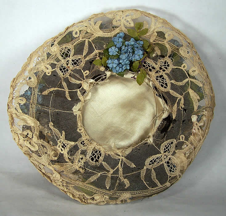 Victorian Forget Me Not Flower Black White Lace Brim Hat inside view