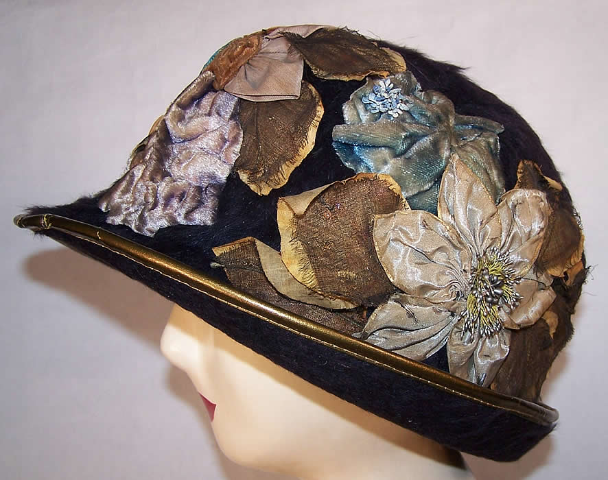 Blue Beaver Felt Fur Floral Flapper Cloche Hat Side view.
