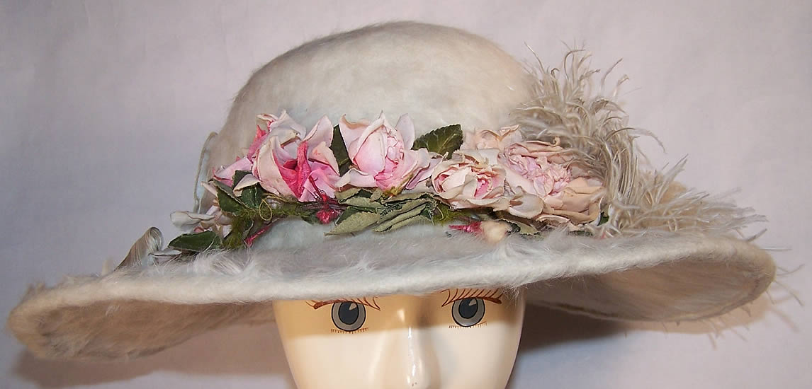 Belle Epoque White Beaver Felt Fur Rosette Wide Brim Hat Front view.