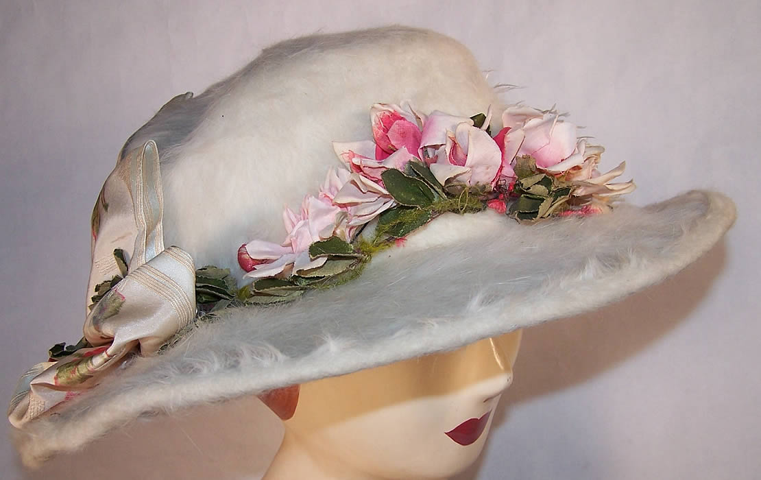 Belle Epoque White Beaver Felt Fur Rosette Wide Brim Hat Side View.