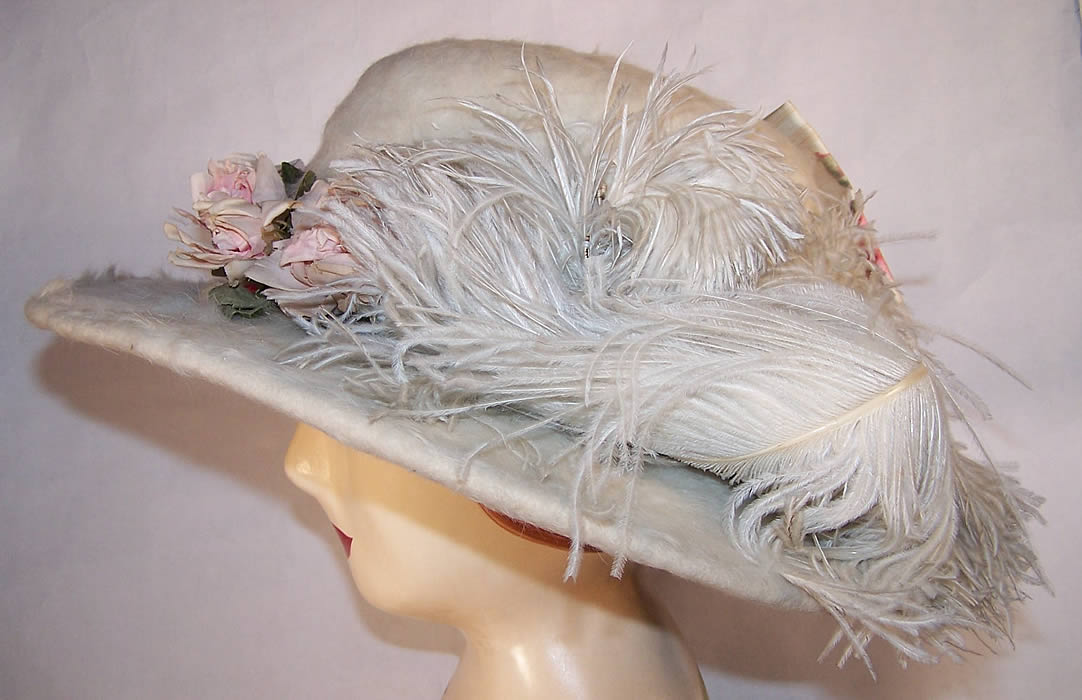 Belle Epoque White Beaver Felt Fur Rosette Wide Brim Hat  side view.