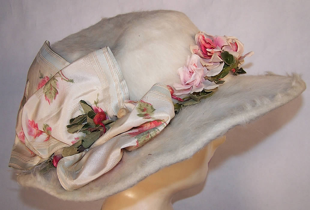 Belle Epoque White Beaver Felt Fur Rosette Wide Brim Hat Side view