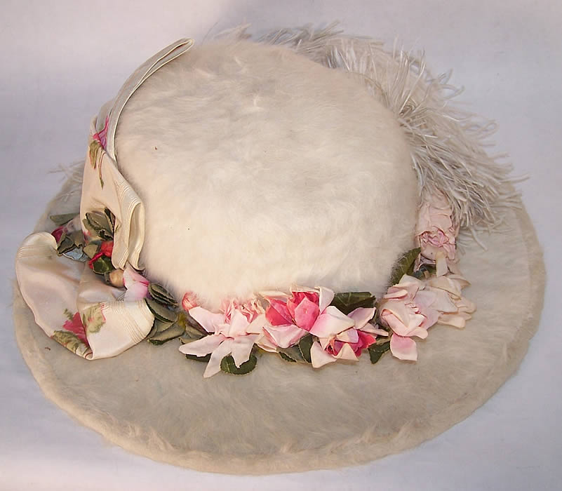 Belle Epoque White Beaver Felt Fur Rosette Wide Brim Hat  Close up.