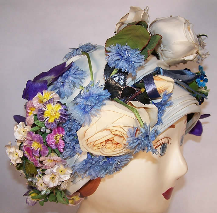 Vintage Lilly Dache Floral Silk Turban Hat side view.
