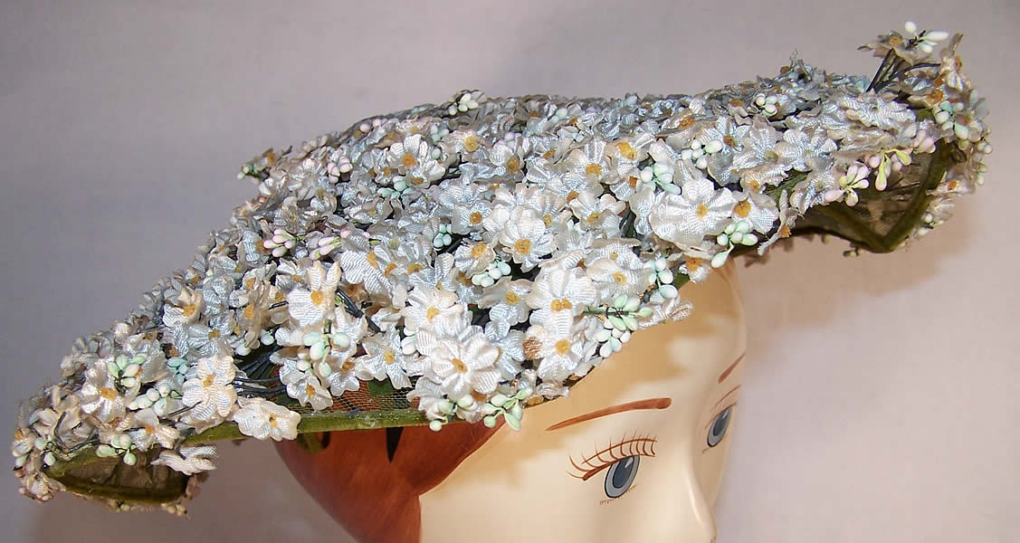 Vintage Floral White Daisies Wide Brim Clamshell Summer Sun Hat side view.