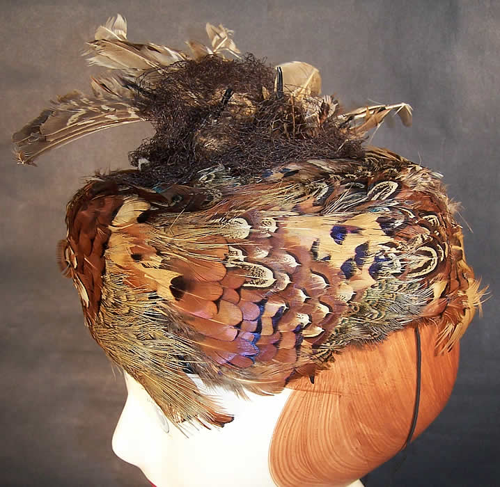 Vintage Pheasant Feather Birds Nest Pill Box Hat side view.