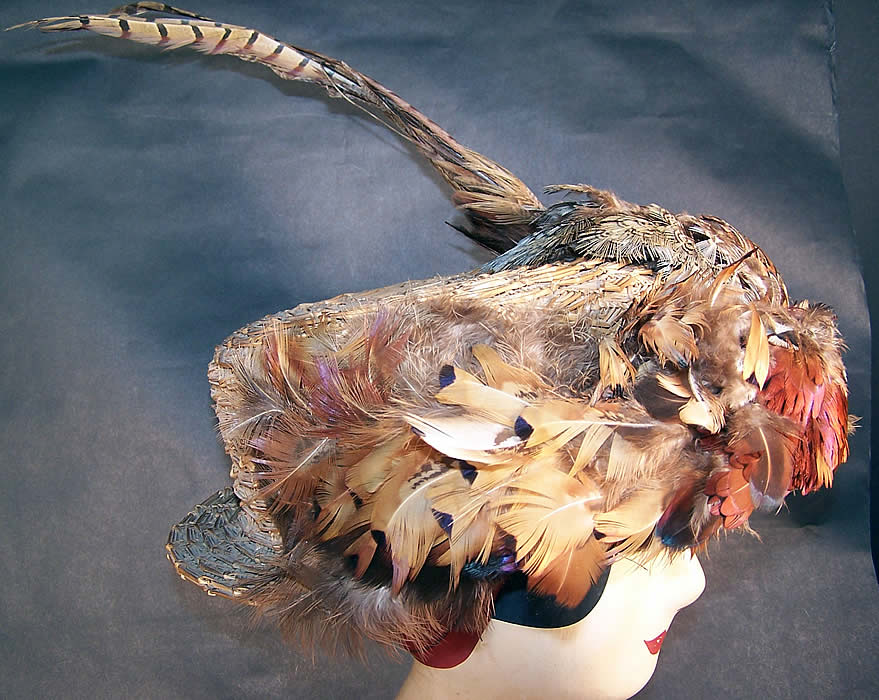 Edwardian Natural Straw Pheasant Feather Boater Hat Side View.