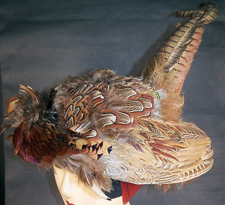 Edwardian Natural Straw Pheasant Feather Boater Hat side view.
