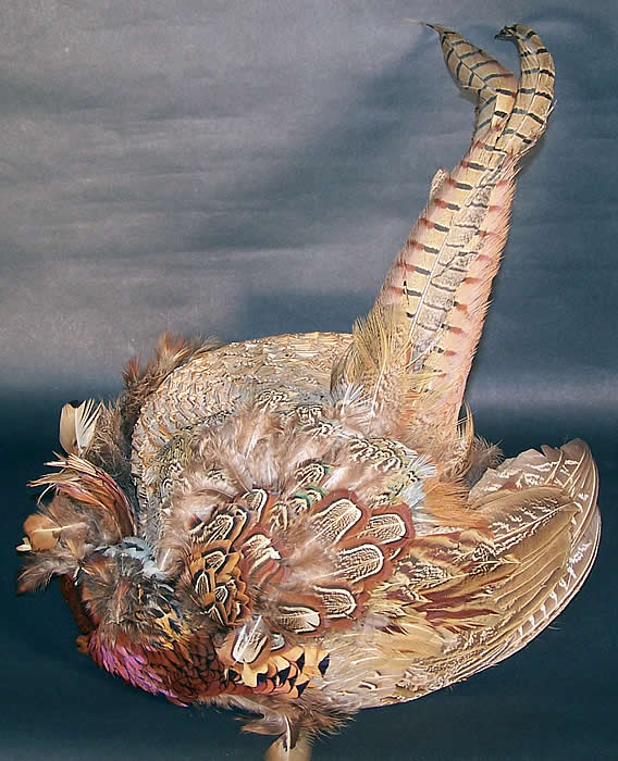 Edwardian Natural Straw Pheasant Feather Boater Hat Close up.