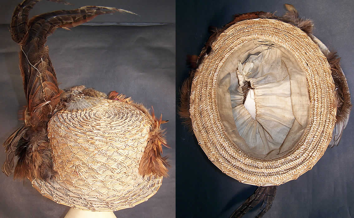  Edwardian Natural Straw Pheasant Feather Boater Hat Close up.