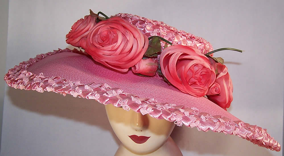 Vintage Coralie Pink Straw Floral Rose Wide Brim Sun Hat Front view.