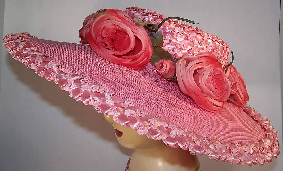 Vintage Coralie Pink Straw Floral Rose Wide Brim Sun Hat Side View.