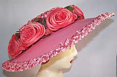 Vintage Coralie Pink Straw Floral Rose Wide Brim Sun Hat