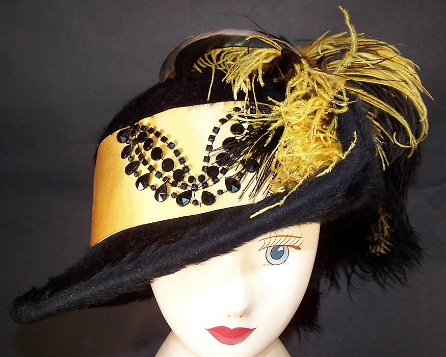 Victorian Black Beaver Felt Fur Yellow Ribbon Ostrich Feather Jet Beaded Wide Brim Hat Front view.