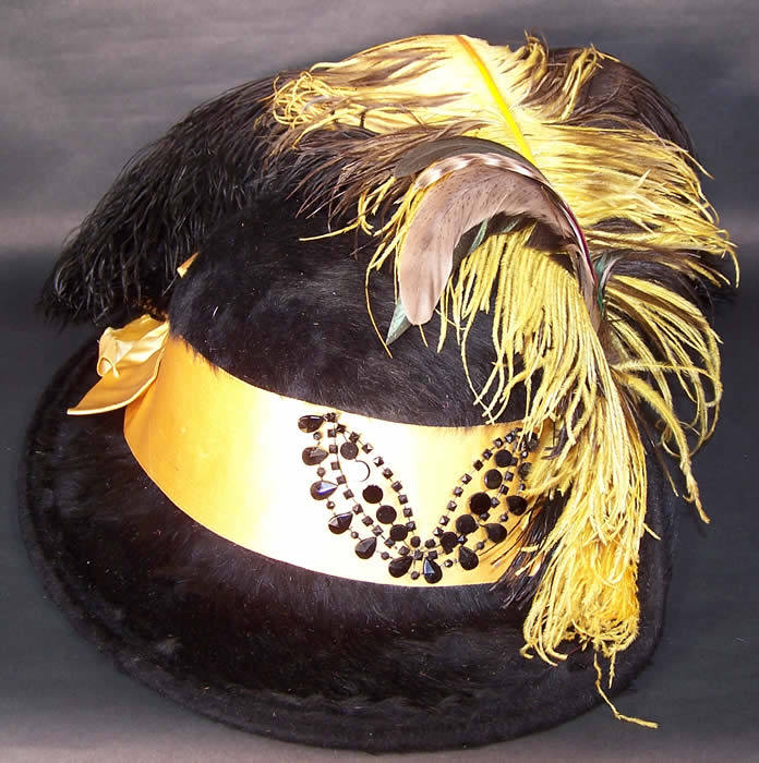 Victorian Black Beaver Felt Fur Yellow Ribbon Ostrich Feather Jet Beaded Wide Brim Hat Close up.