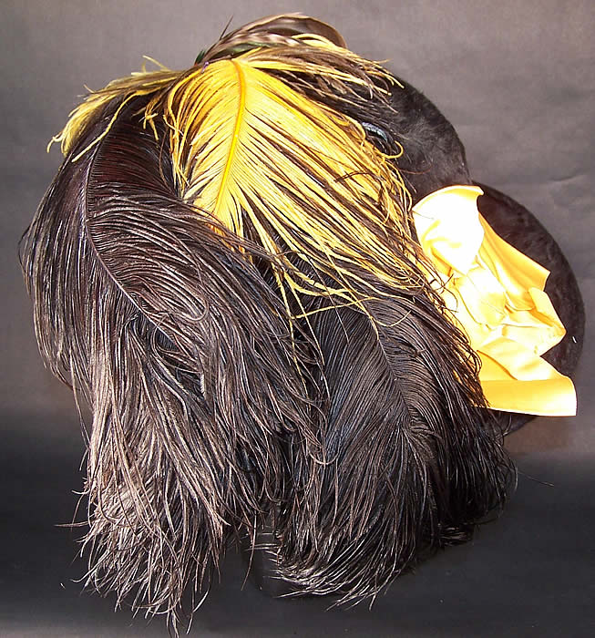 Victorian Black Beaver Felt Fur Yellow Ribbon Ostrich Feather Jet Beaded Wide Brim Hat back view