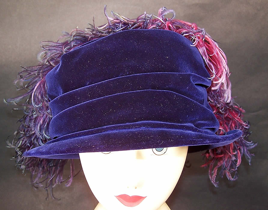  Vintage Charles Kurzman Fifth Ave Millinery Purple Velvet Feather Flapper Cloche Hat Front view.